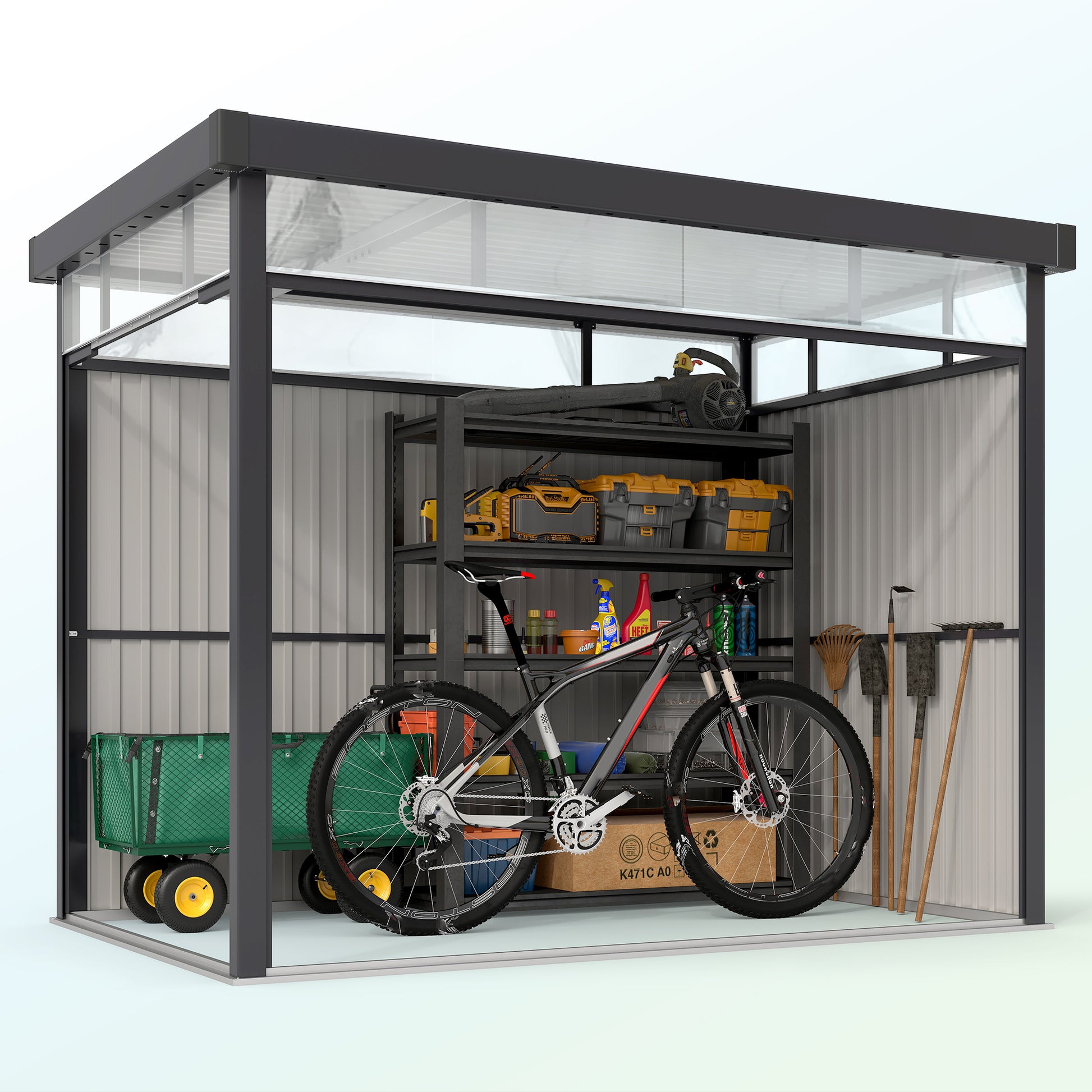 4m² Garden Shed in Zinc-Coated Steel with Drainage Holes and Clear Acrylic Windows, Tool Storage Shed with Roof, Lockable Door with Keys and Gloves, Dark Grey
