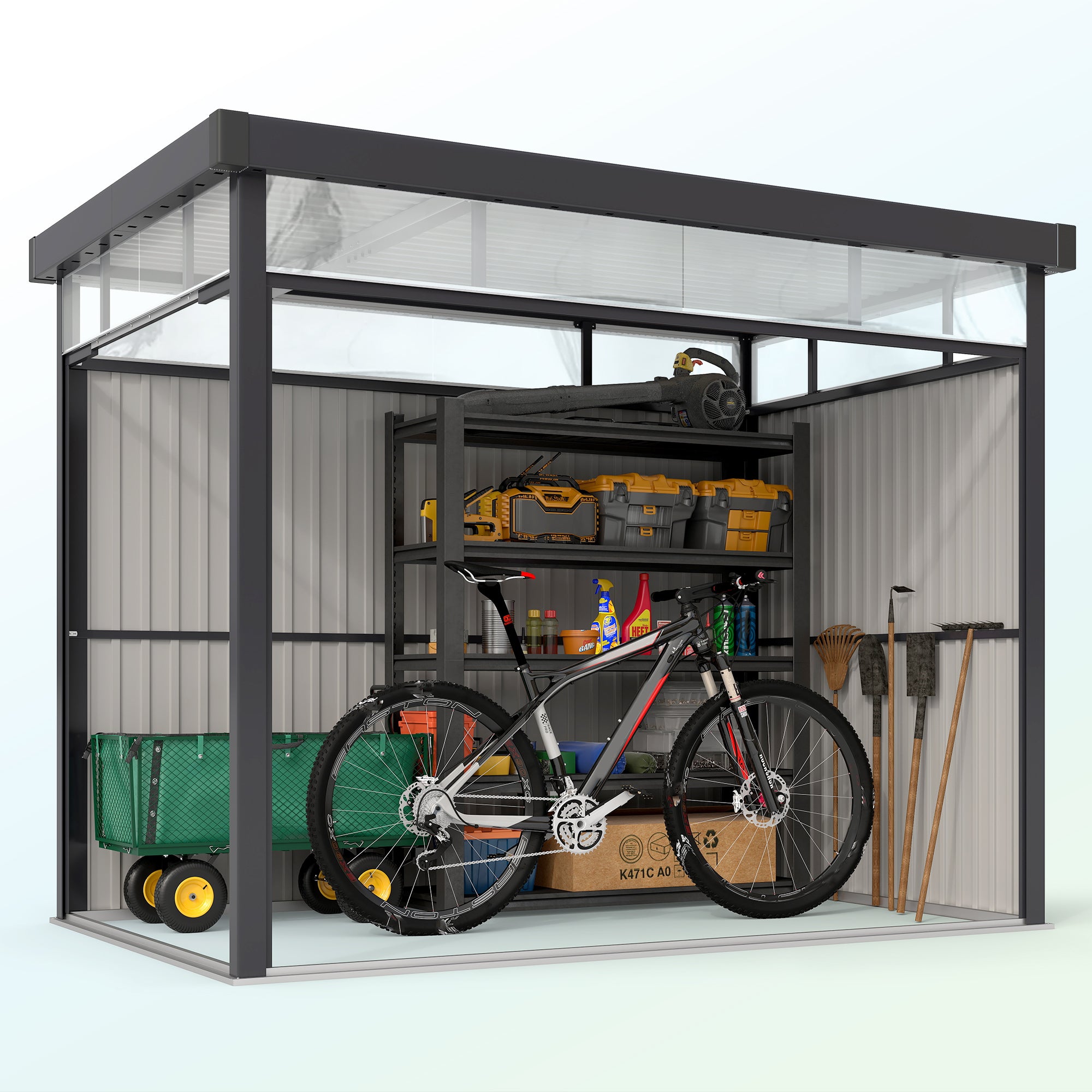 4m² Garden Shed in Zinc-Coated Steel with Drainage Holes and Clear Acrylic Windows, Tool Storage Shed with Roof, Lockable Door with Keys and Gloves, Dark Grey
