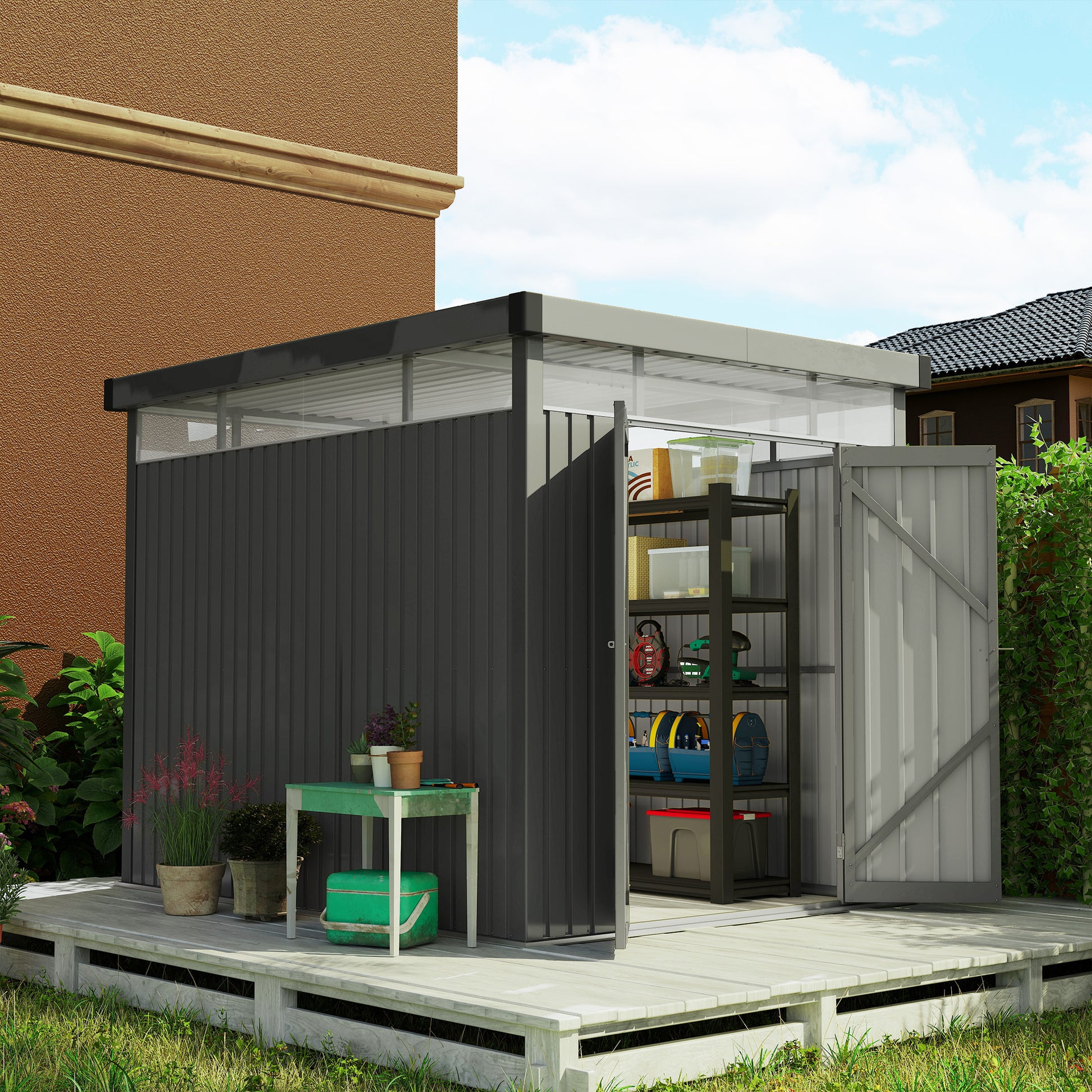 4m² Garden Shed in Zinc-Coated Steel with Drainage Holes and Clear Acrylic Windows, Tool Storage Shed with Roof, Lockable Door with Keys and Gloves, Dark Grey