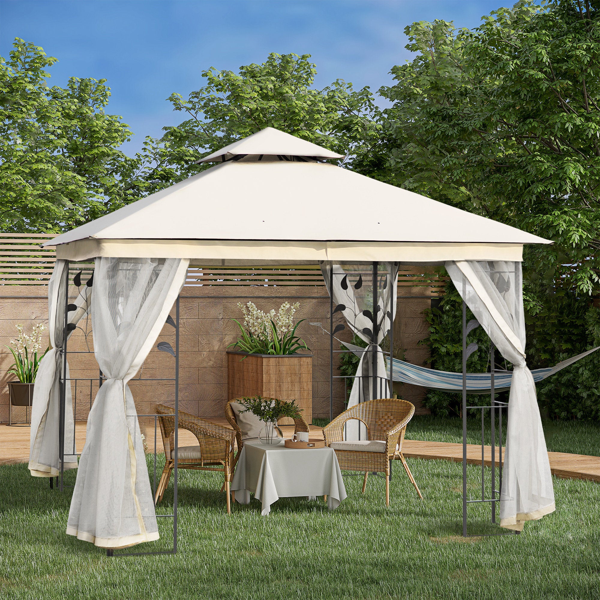 Garden Gazebo 3x3x2.8 m Outdoor Large Canopy with Double Roof Mosquito Nets and Steel Frame for Patio Party White