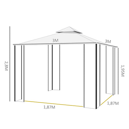 Garden Gazebo 3x3x2.8 m Outdoor Large Canopy with Double Roof Mosquito Nets and Steel Frame for Patio Party White