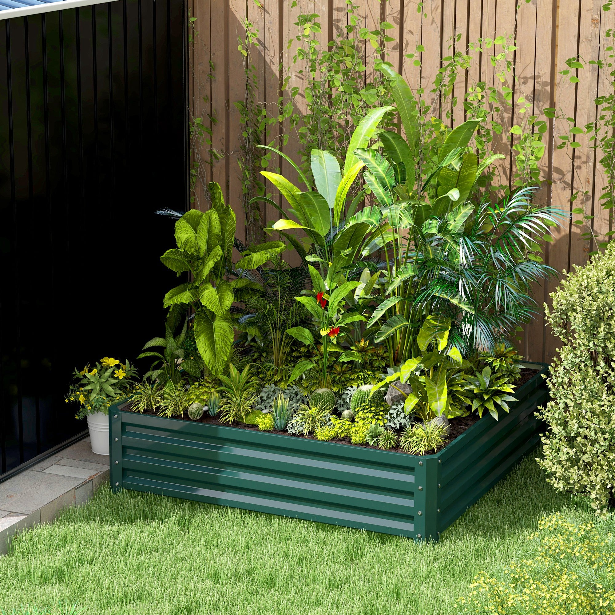 Large Rectangular Galvanized Steel Outdoor Planter Urban Garden for Growing Plants Flowers Herbs Large Outdoor Planter with Open Base 120x120x30 cm Green