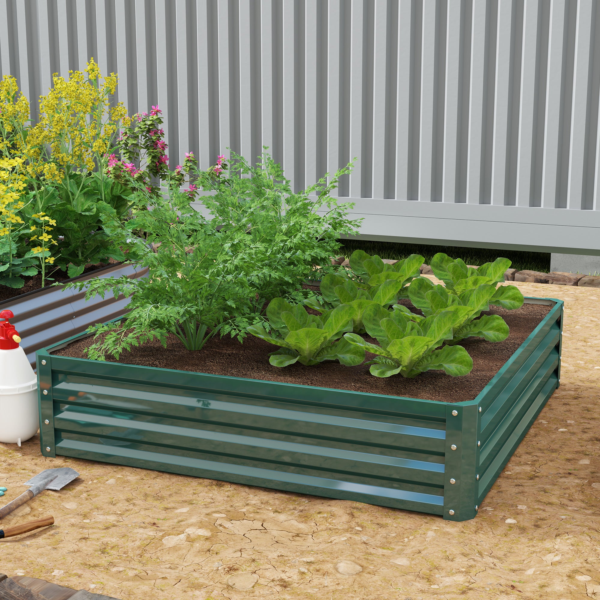 Large Rectangular Galvanized Steel Outdoor Planter Urban Garden for Growing Plants Flowers Herbs Large Outdoor Planter with Open Base 120x120x30 cm Green