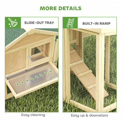 Wooden Chicken Coop 204 x 85 x 93 cm (80.3 x 33.5 x 36.6 in) — 2-Level Outdoor Run, Nesting Box, Waterproof Roof, Perch & Ramp, Natural Wood