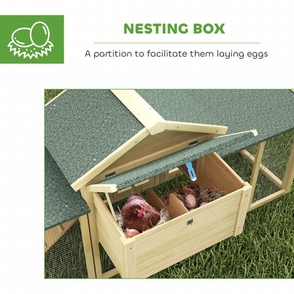 Wooden Chicken Coop 204 x 85 x 93 cm (80.3 x 33.5 x 36.6 in) — 2-Level Outdoor Run, Nesting Box, Waterproof Roof, Perch & Ramp, Natural Wood