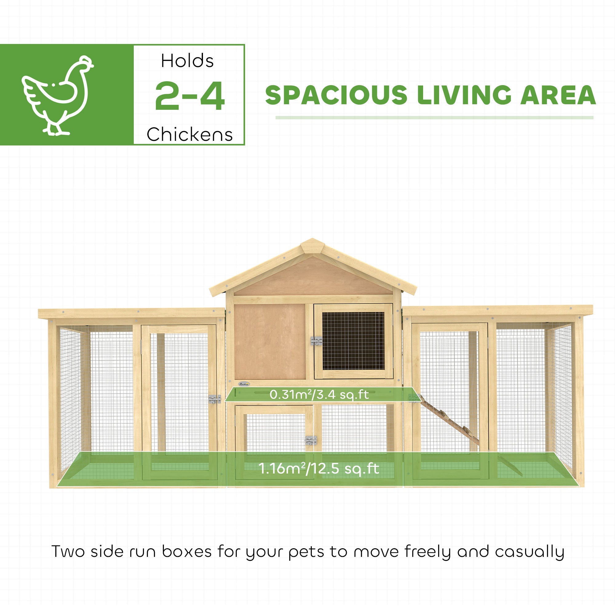 Wooden Chicken Coop 204 x 85 x 93 cm (80.3 x 33.5 x 36.6 in) — 2-Level Outdoor Run, Nesting Box, Waterproof Roof, Perch & Ramp, Natural Wood