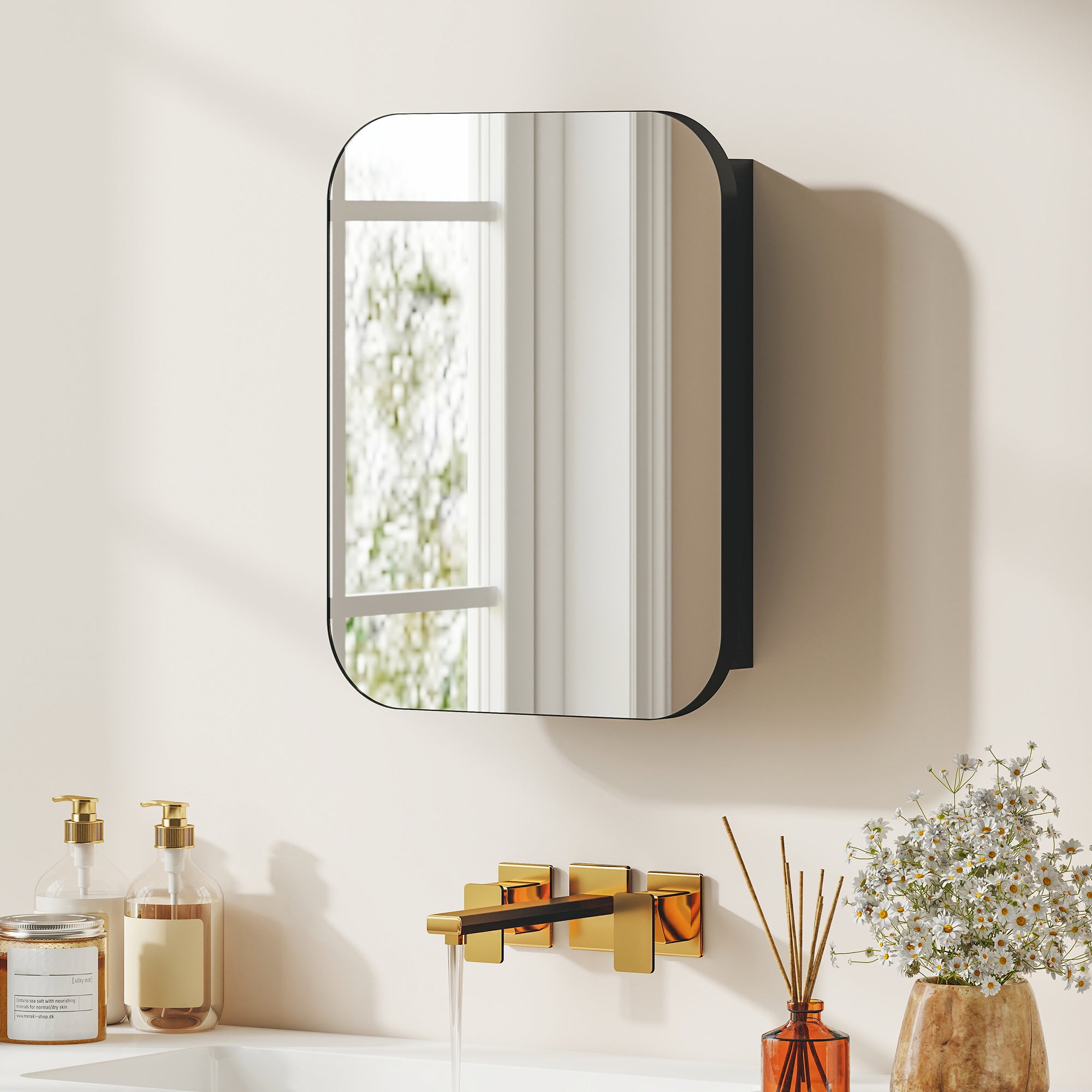 Bathroom Mirror Cabinet, Wall-Mounted with Adjustable Shelf, Black, 15.8 x 4.0 x 20.0 in