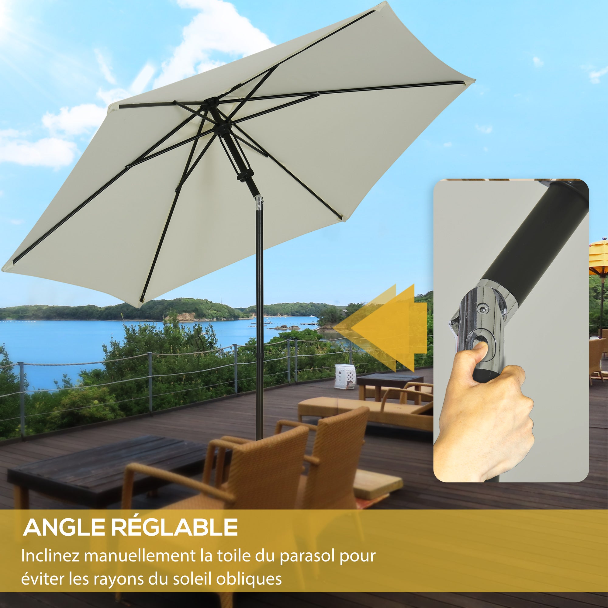 Garden Umbrella Tiltable Straight Manual Push Parasol with Metal High Density Polyester 180g/m² Canopy Ø 265 x 235H cm Light Gray