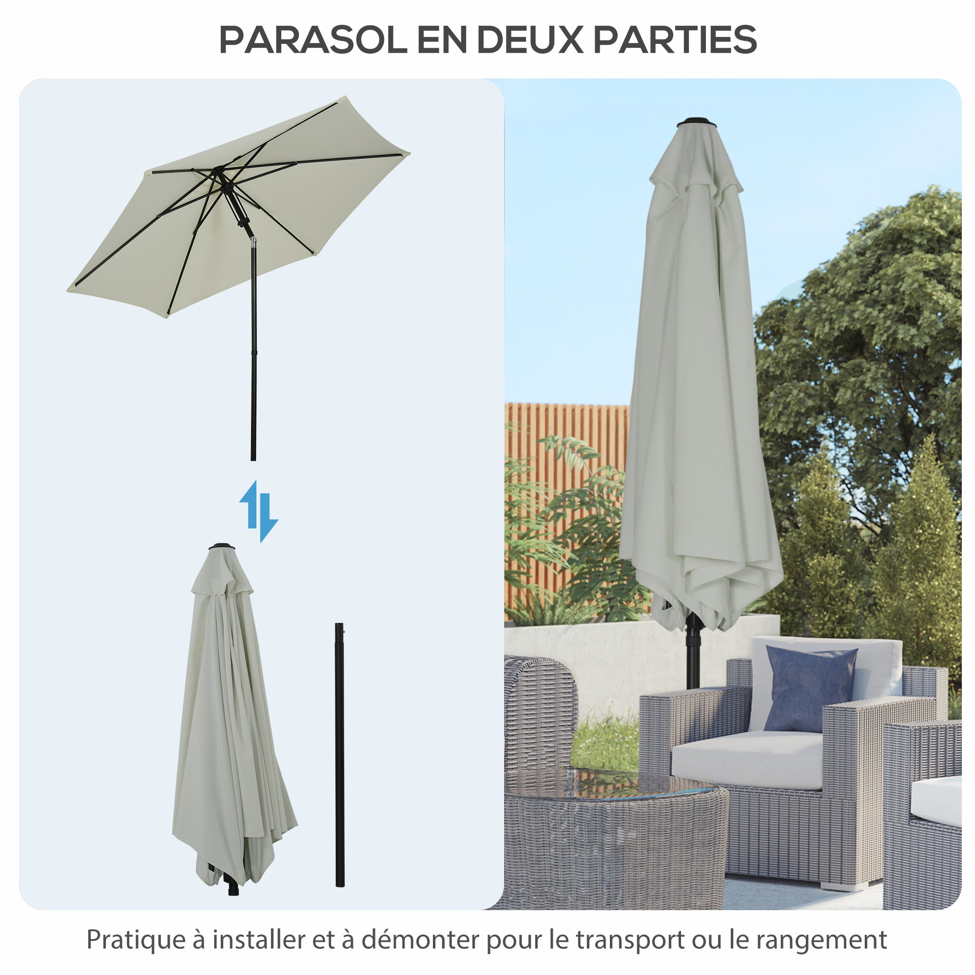 Garden Umbrella Tiltable Straight Manual Push Parasol with Metal High Density Polyester 180g/m² Canopy Ø 265 x 235H cm Light Gray