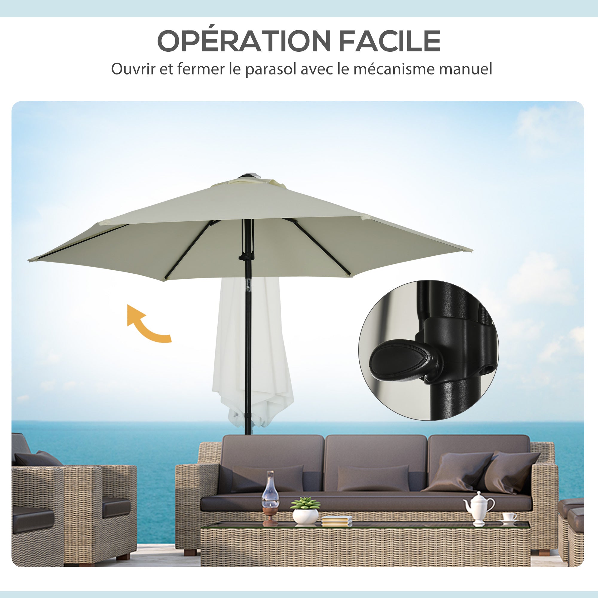 Garden Umbrella Tiltable Straight Manual Push Parasol with Metal High Density Polyester 180g/m² Canopy Ø 265 x 235H cm Light Gray