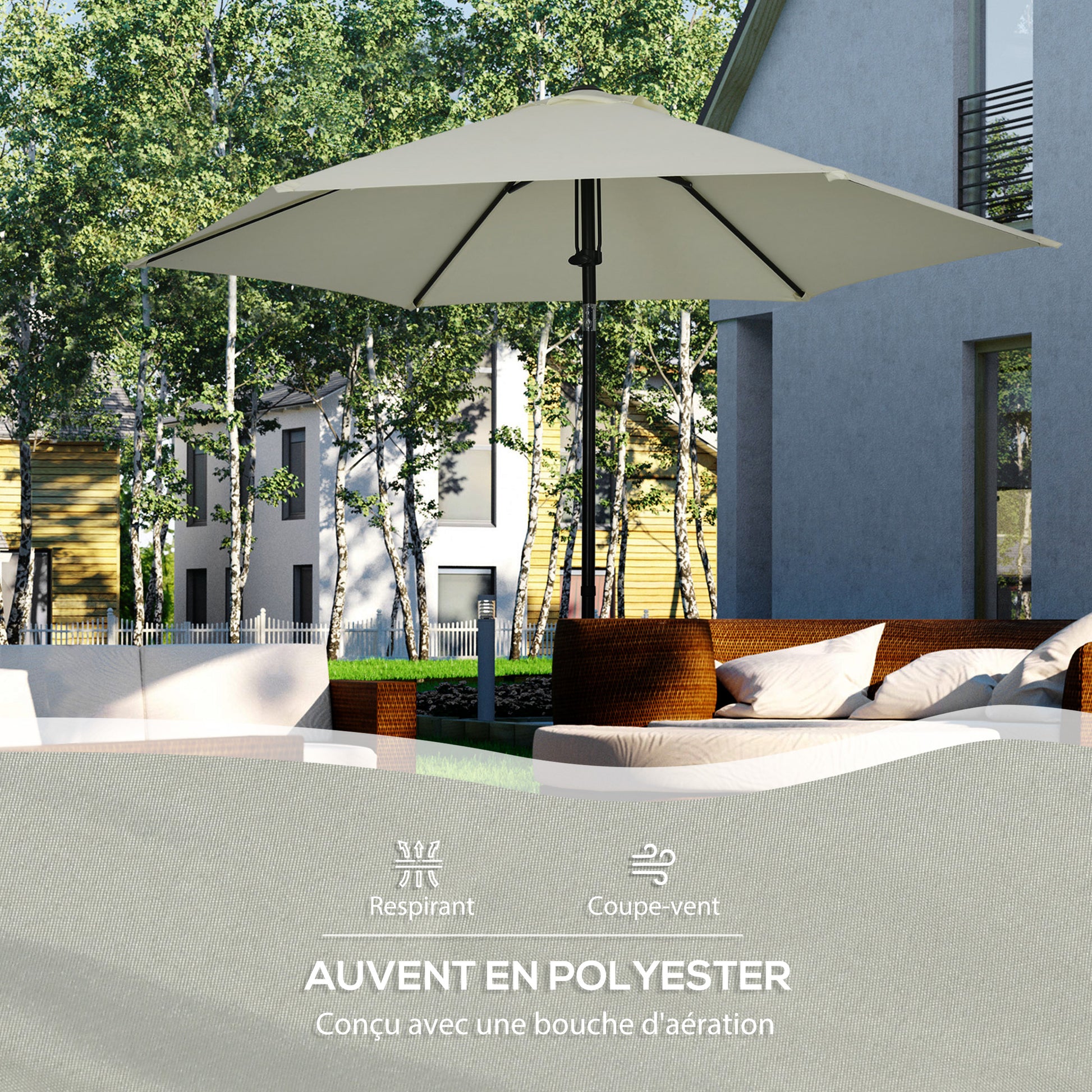 Garden Umbrella Tiltable Straight Manual Push Parasol with Metal High Density Polyester 180g/m² Canopy Ø 265 x 235H cm Light Gray