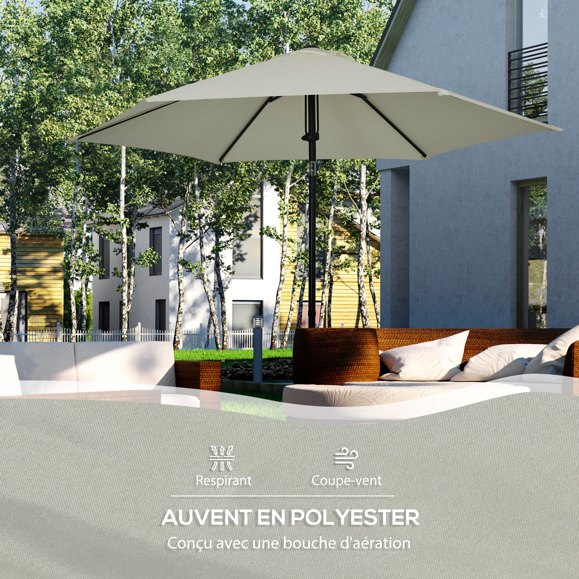 Garden Umbrella Tiltable Straight Manual Push Parasol with Metal High Density Polyester 180g/m² Canopy Ø 265 x 235H cm Light Gray