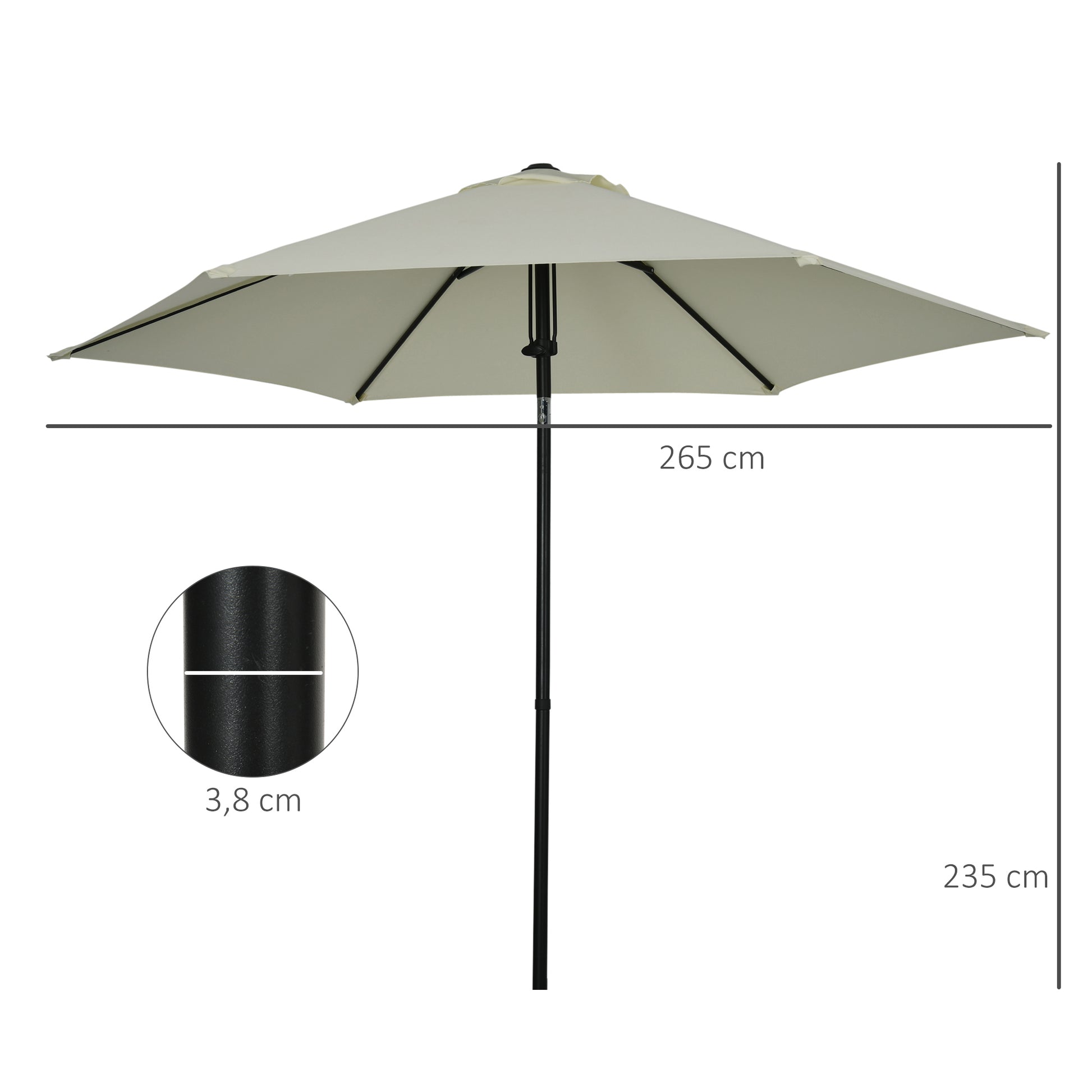 Garden Umbrella Tiltable Straight Manual Push Parasol with Metal High Density Polyester 180g/m² Canopy Ø 265 x 235H cm Light Gray