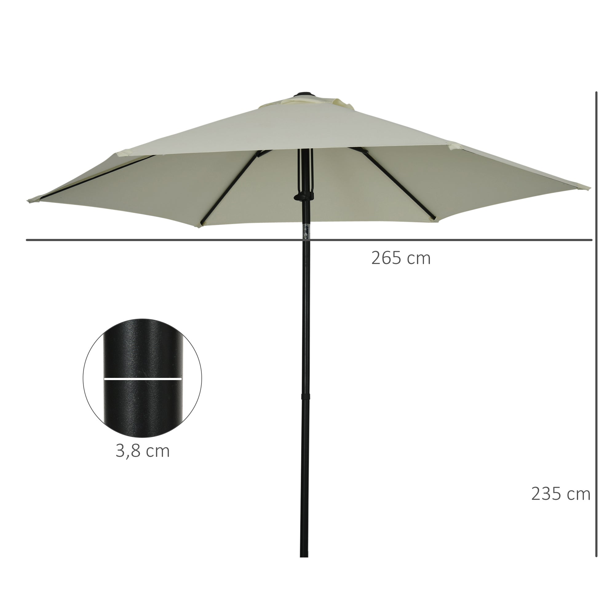 Garden Umbrella Tiltable Straight Manual Push Parasol with Metal High Density Polyester 180g/m² Canopy Ø 265 x 235H cm Light Gray