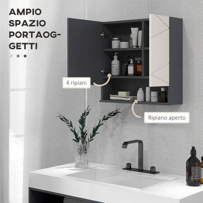 Bathroom Cabinet with Mirror and 2 Doors, Wall-Mounted Bathroom Mirror Cabinet with Adjustable Shelves in Wood, 55x17x55cm, Gray