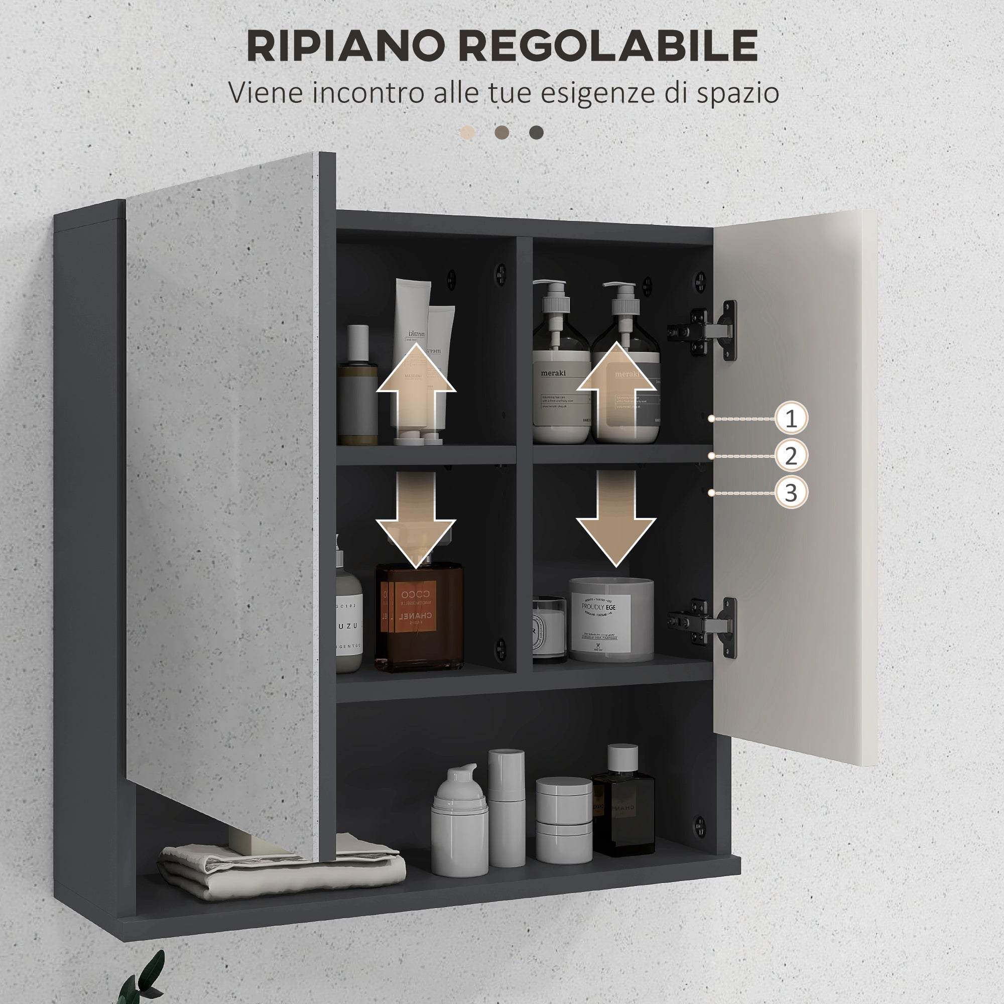 Bathroom Cabinet with Mirror and 2 Doors, Wall-Mounted Bathroom Mirror Cabinet with Adjustable Shelves in Wood, 55x17x55cm, Gray