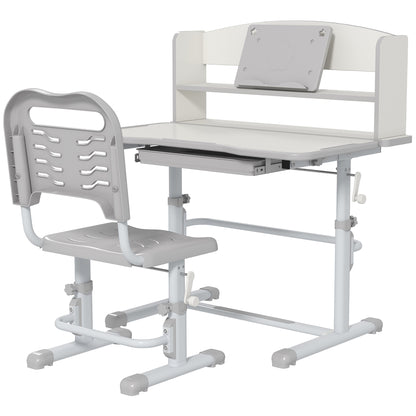 ZONEKIZ Kids' Desk and Chair Set for 6-12 Years Adjustable Height Children's Desk with 1 Drawer 1 Bookshelf and Adjustable Table Angle 80x54.5x82-104 cm Gray and White