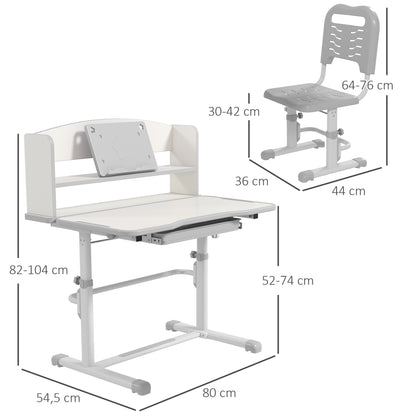 ZONEKIZ Kids' Desk and Chair Set for 6-12 Years Adjustable Height Children's Desk with 1 Drawer 1 Bookshelf and Adjustable Table Angle 80x54.5x82-104 cm Gray and White