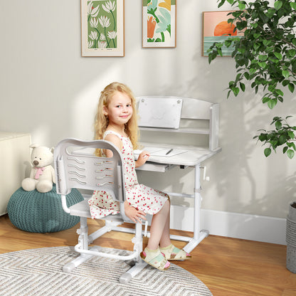 ZONEKIZ Kids' Desk and Chair Set for 6-12 Years Adjustable Height Children's Desk with 1 Drawer 1 Bookshelf and Adjustable Table Angle 80x54.5x82-104 cm Gray and White