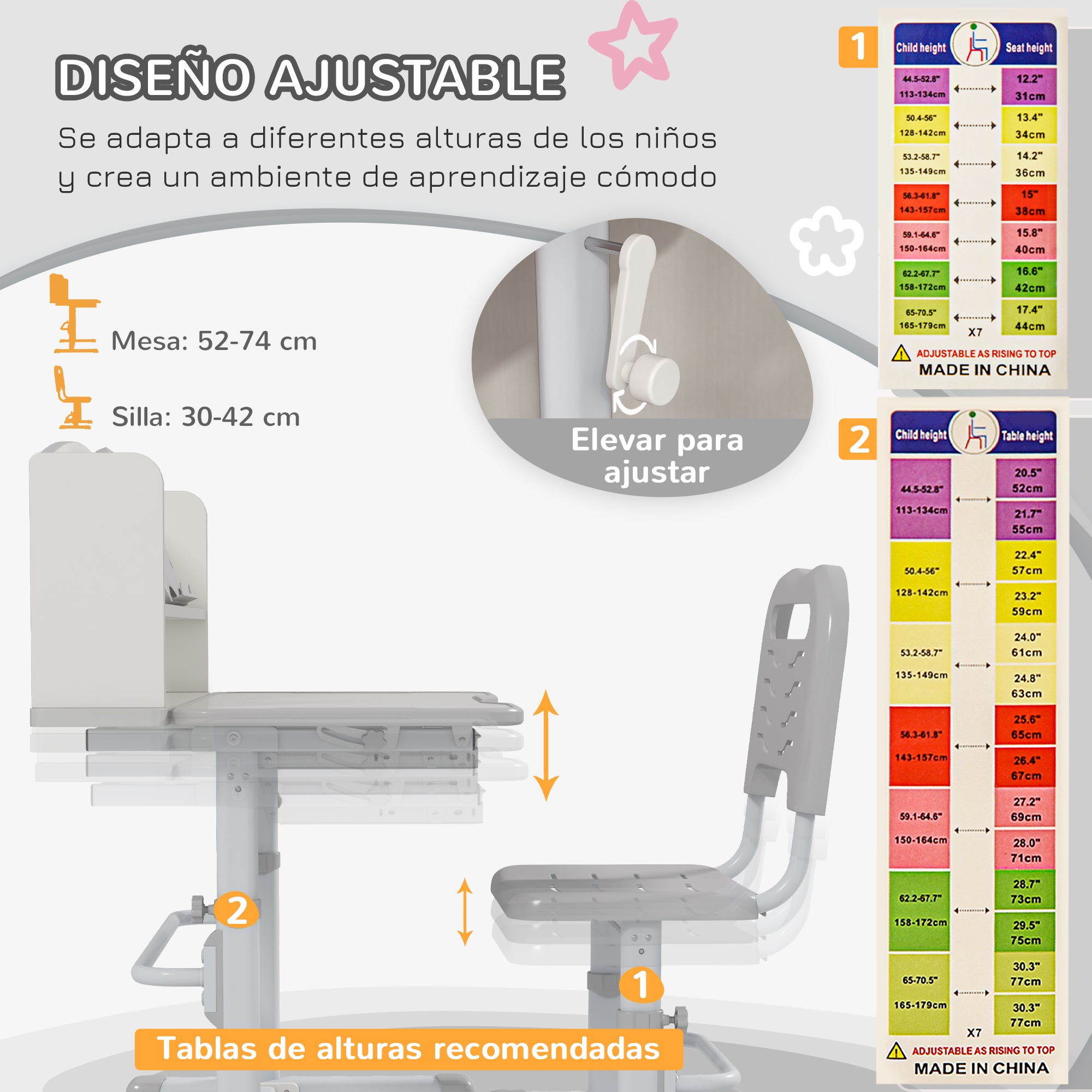 ZONEKIZ Kids' Desk and Chair Set for 6-12 Years Adjustable Height Children's Desk with 1 Drawer 1 Bookshelf and Adjustable Table Angle 80x54.5x82-104 cm Gray and White