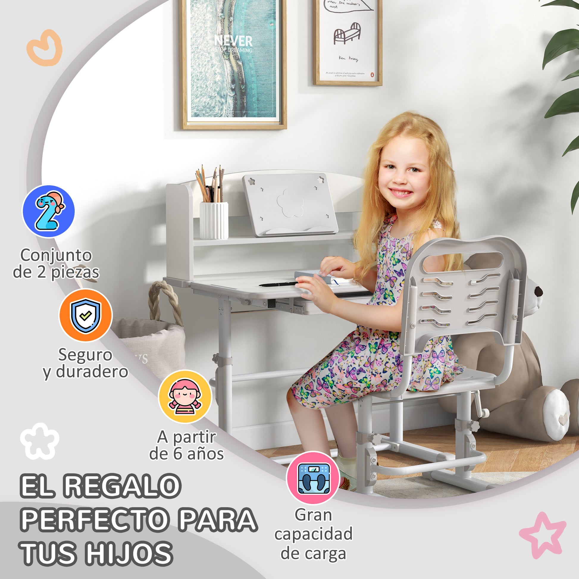 ZONEKIZ Kids' Desk and Chair Set for 6-12 Years Adjustable Height Children's Desk with 1 Drawer 1 Bookshelf and Adjustable Table Angle 80x54.5x82-104 cm Gray and White