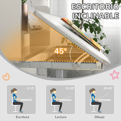 ZONEKIZ Kids' Desk and Chair Set for 6-12 Years Adjustable Height Children's Desk with 1 Drawer 1 Bookshelf and Adjustable Table Angle 80x54.5x82-104 cm Gray and White