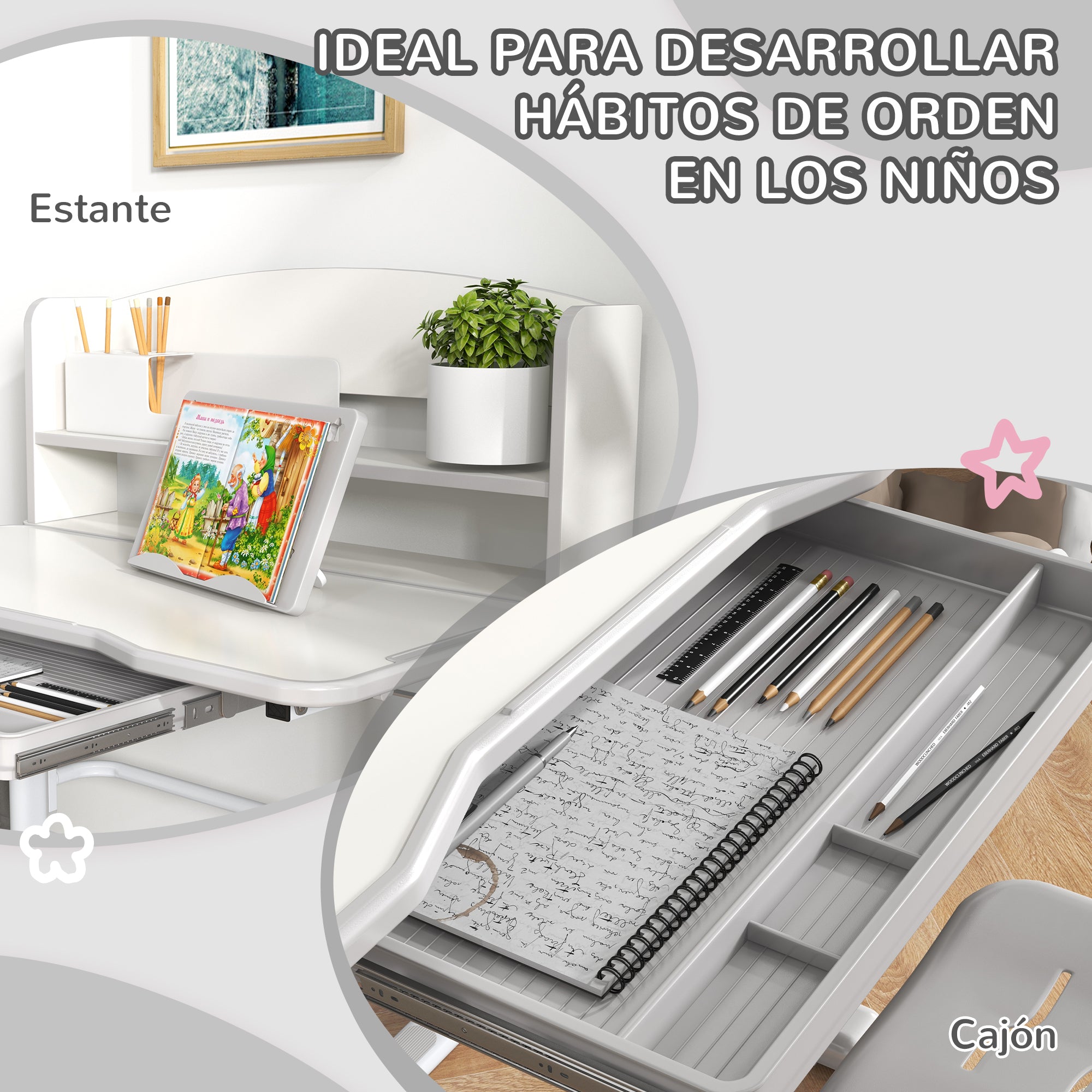 ZONEKIZ Kids' Desk and Chair Set for 6-12 Years Adjustable Height Children's Desk with 1 Drawer 1 Bookshelf and Adjustable Table Angle 80x54.5x82-104 cm Gray and White
