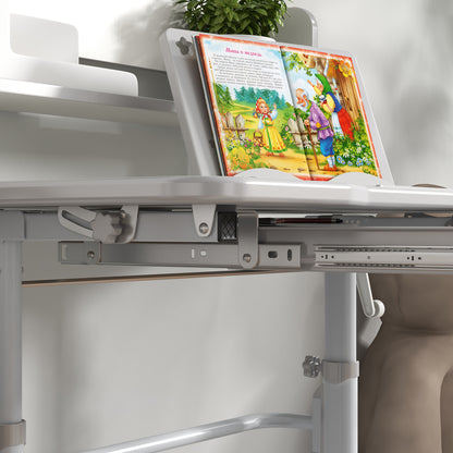 ZONEKIZ Kids' Desk and Chair Set for 6-12 Years Adjustable Height Children's Desk with 1 Drawer 1 Bookshelf and Adjustable Table Angle 80x54.5x82-104 cm Gray and White