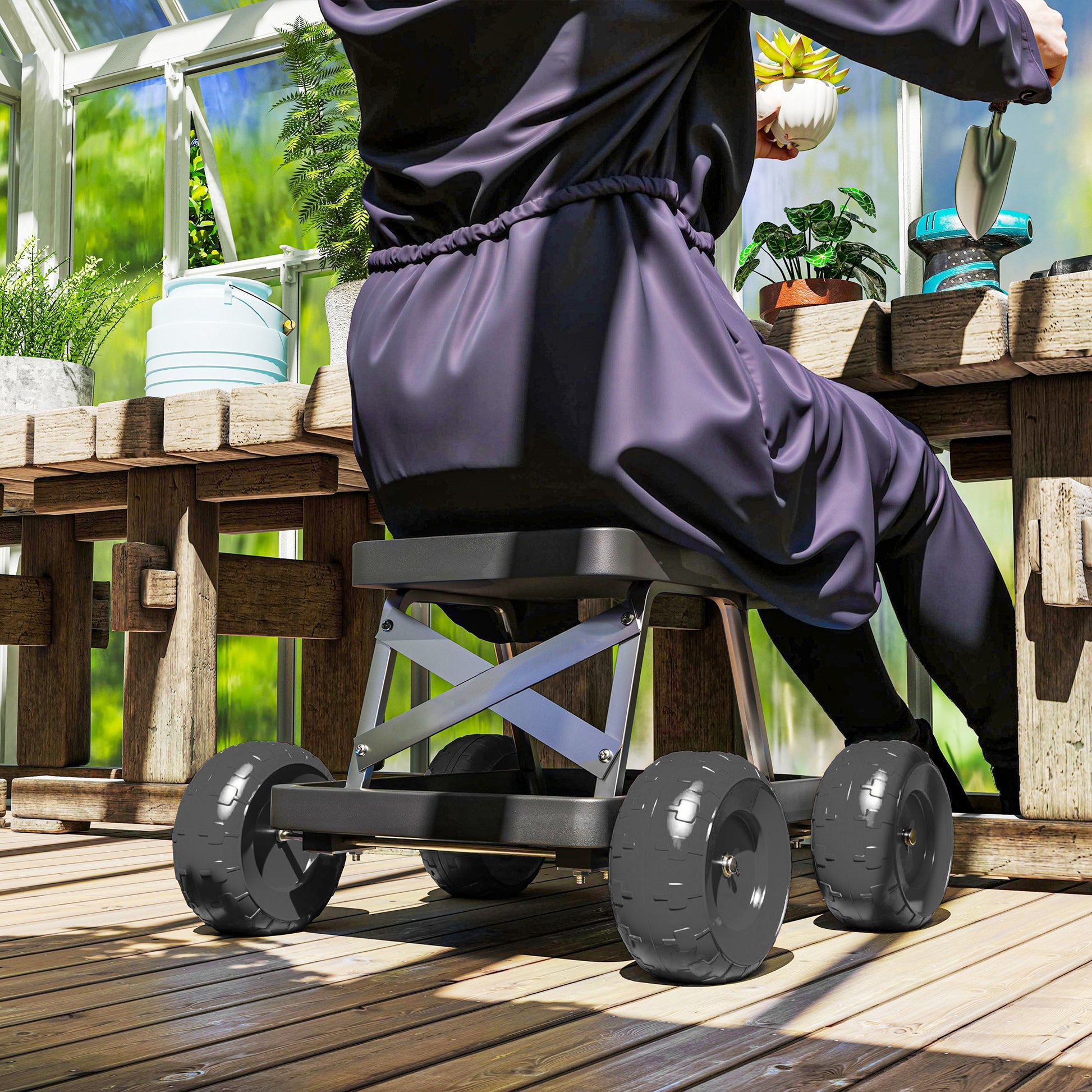 Garden Seat with Wheels Gardening Stool with Tool Tray Work Cart Load Capacity 130 kg for Outdoor Patio Black