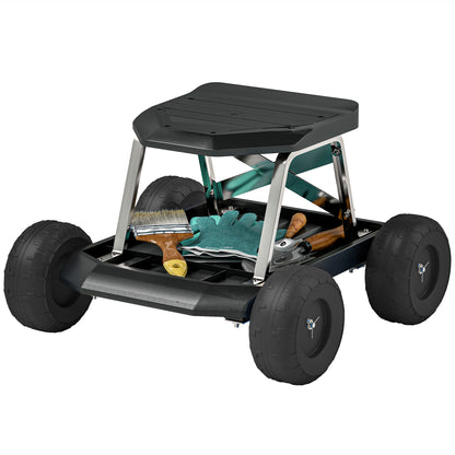 Garden Seat with Wheels Gardening Stool with Tool Tray Work Cart Load Capacity 130 kg for Outdoor Patio Black