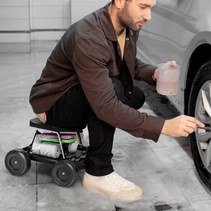 Garden Seat with Wheels Gardening Stool with Tool Tray Work Cart Load Capacity 130 kg for Outdoor Patio Black