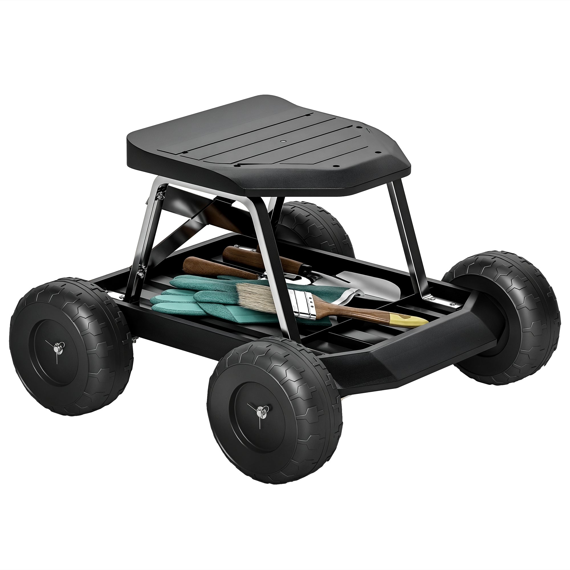 Garden Seat with Wheels Gardening Stool with Tool Tray Work Cart Load Capacity 130 kg for Outdoor Patio Black