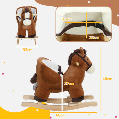 Rocking Horse for Kids 18-36 Months Toy Horse with Sound Handles Safety Belt and Wooden Base 25 kg Load 68x33x45 cm Brown