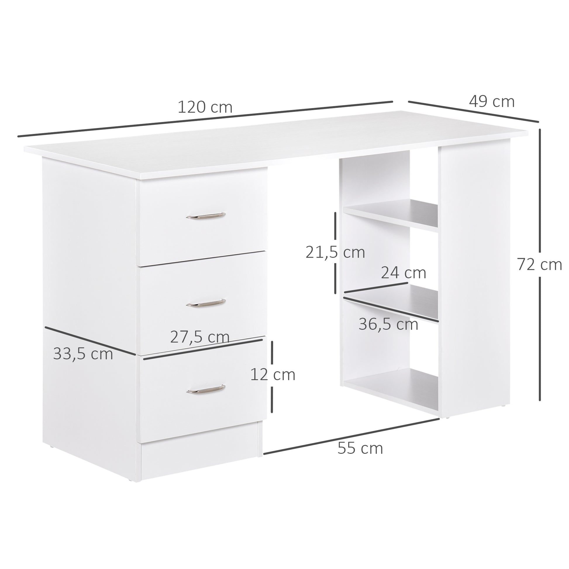 Desk with Storage, Computer Table 120 x 50 cm, Computer Desk with Shelves and Drawers, for Small Spaces, Bedroom, White