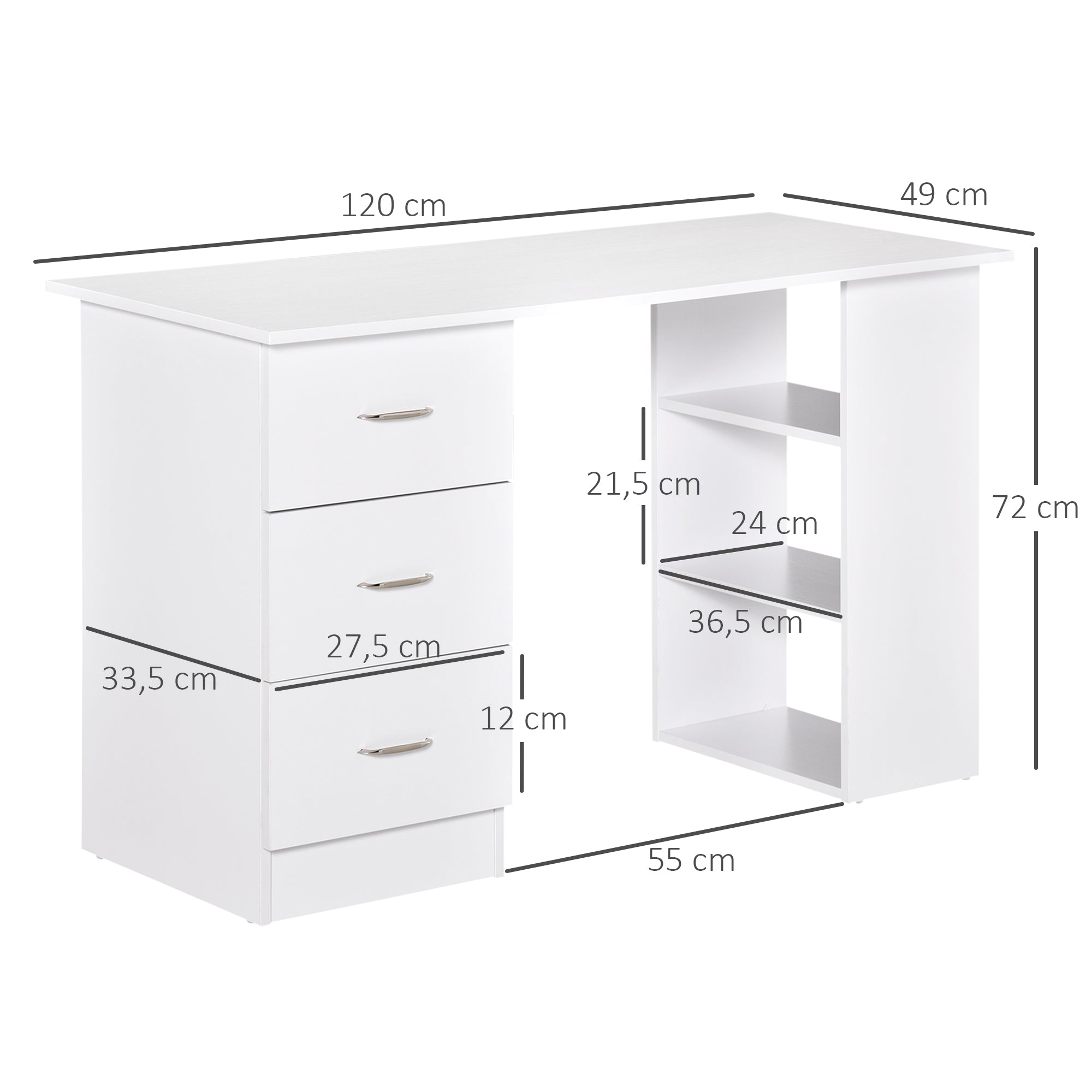 Desk with Storage, Computer Table 120 x 50 cm, Computer Desk with Shelves and Drawers, for Small Spaces, Bedroom, White