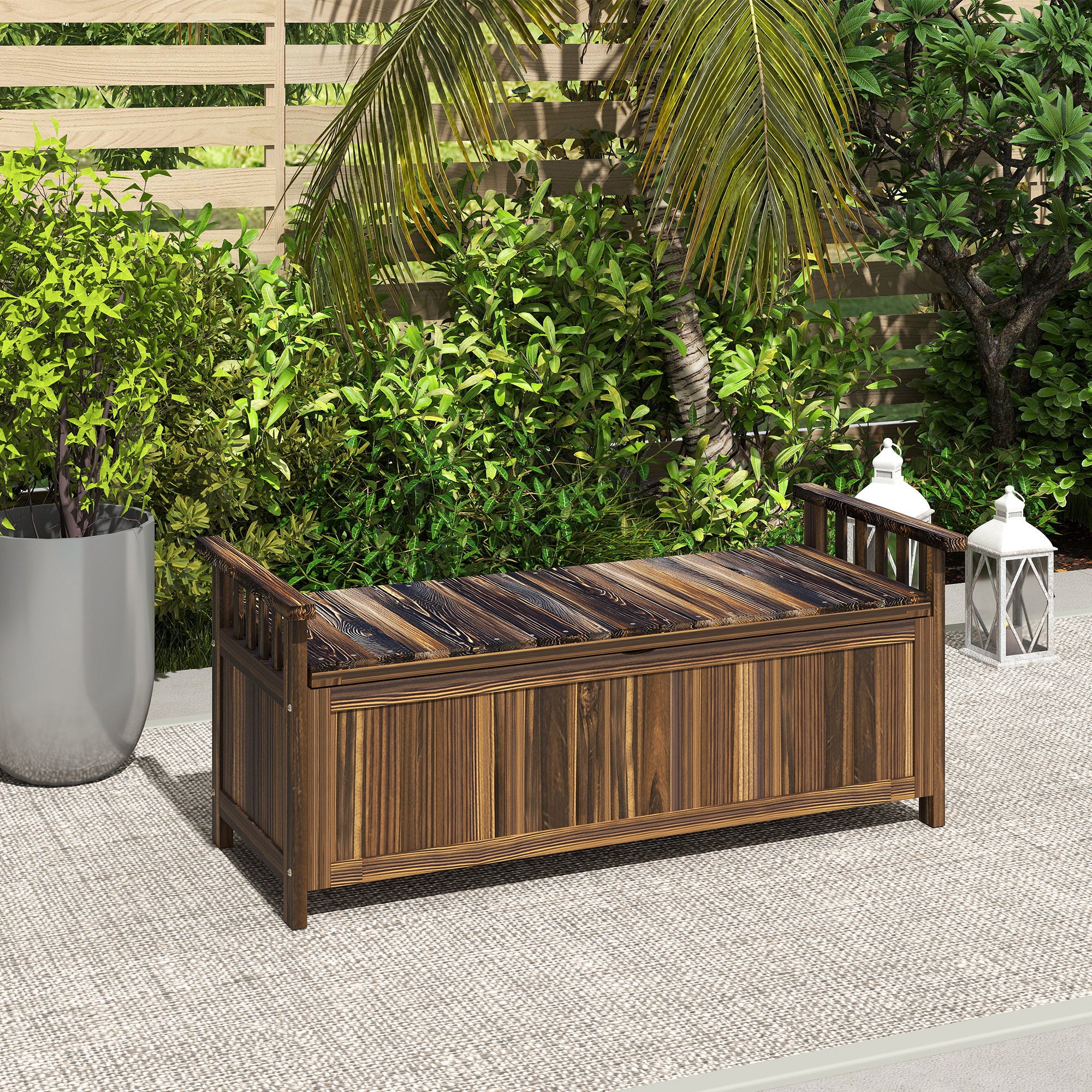 Garden Bench with Storage Wooden Bench for 2 Persons, Trunk Bench with Armrest, Park Bench, Balcony Bench, Wooden Bench for Balcony Terrace, Garden, 240kg Load Capacity Charcoal