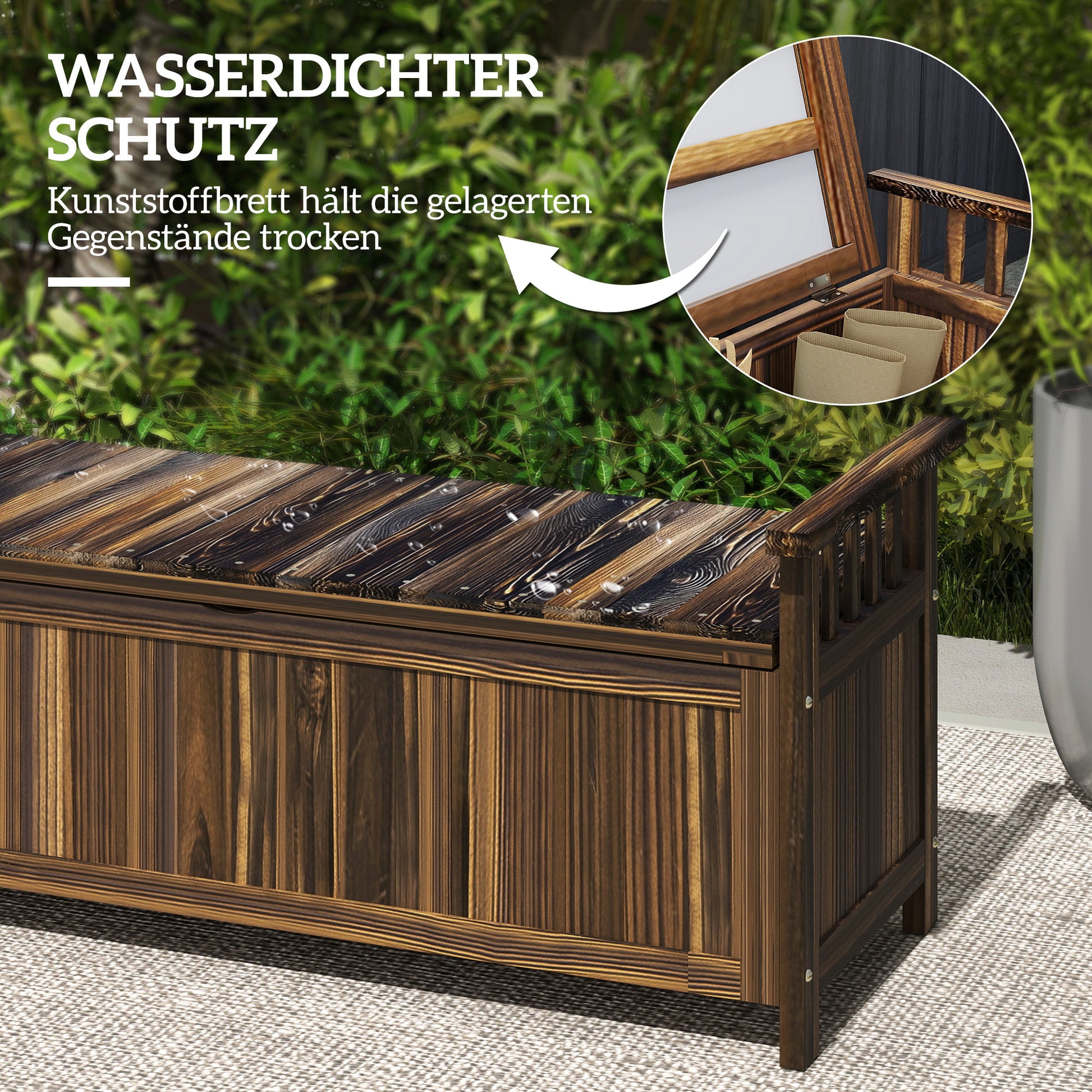 Garden Bench with Storage Wooden Bench for 2 Persons, Trunk Bench with Armrest, Park Bench, Balcony Bench, Wooden Bench for Balcony Terrace, Garden, 240kg Load Capacity Charcoal