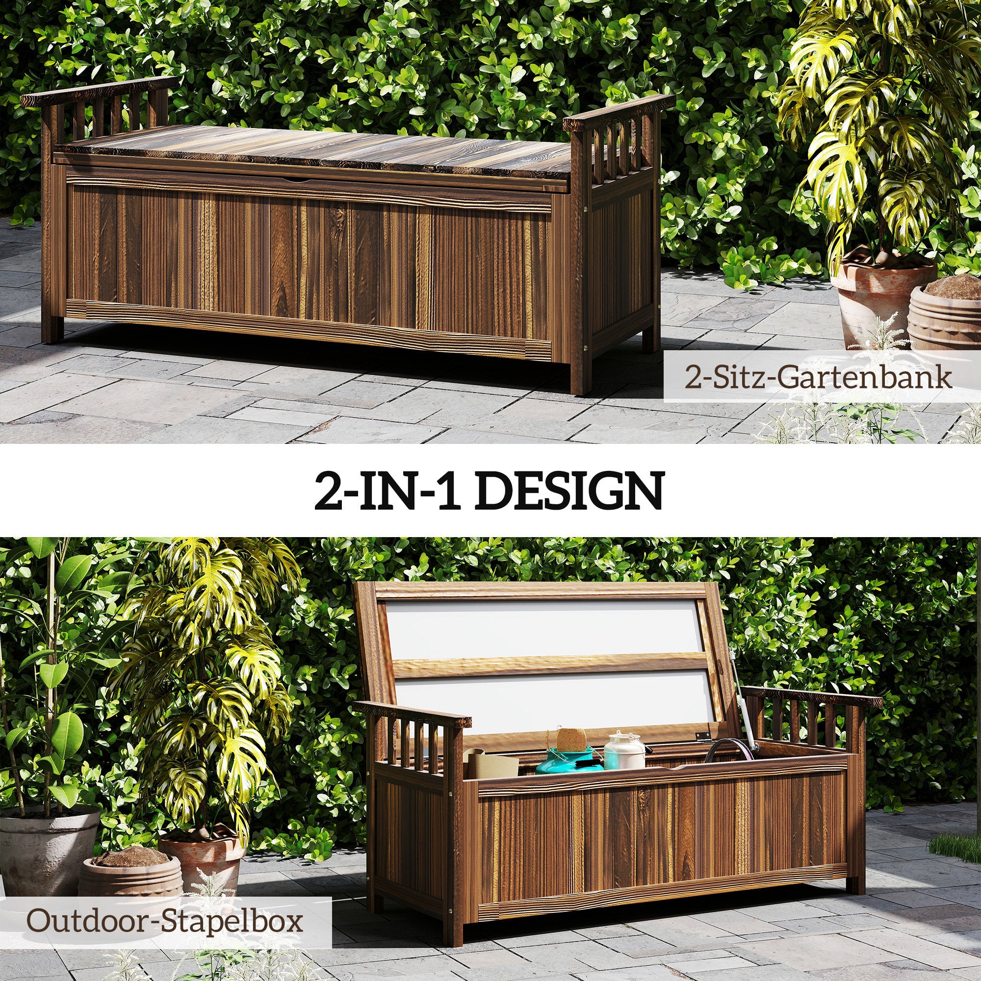 Garden Bench with Storage Wooden Bench for 2 Persons, Trunk Bench with Armrest, Park Bench, Balcony Bench, Wooden Bench for Balcony Terrace, Garden, 240kg Load Capacity Charcoal
