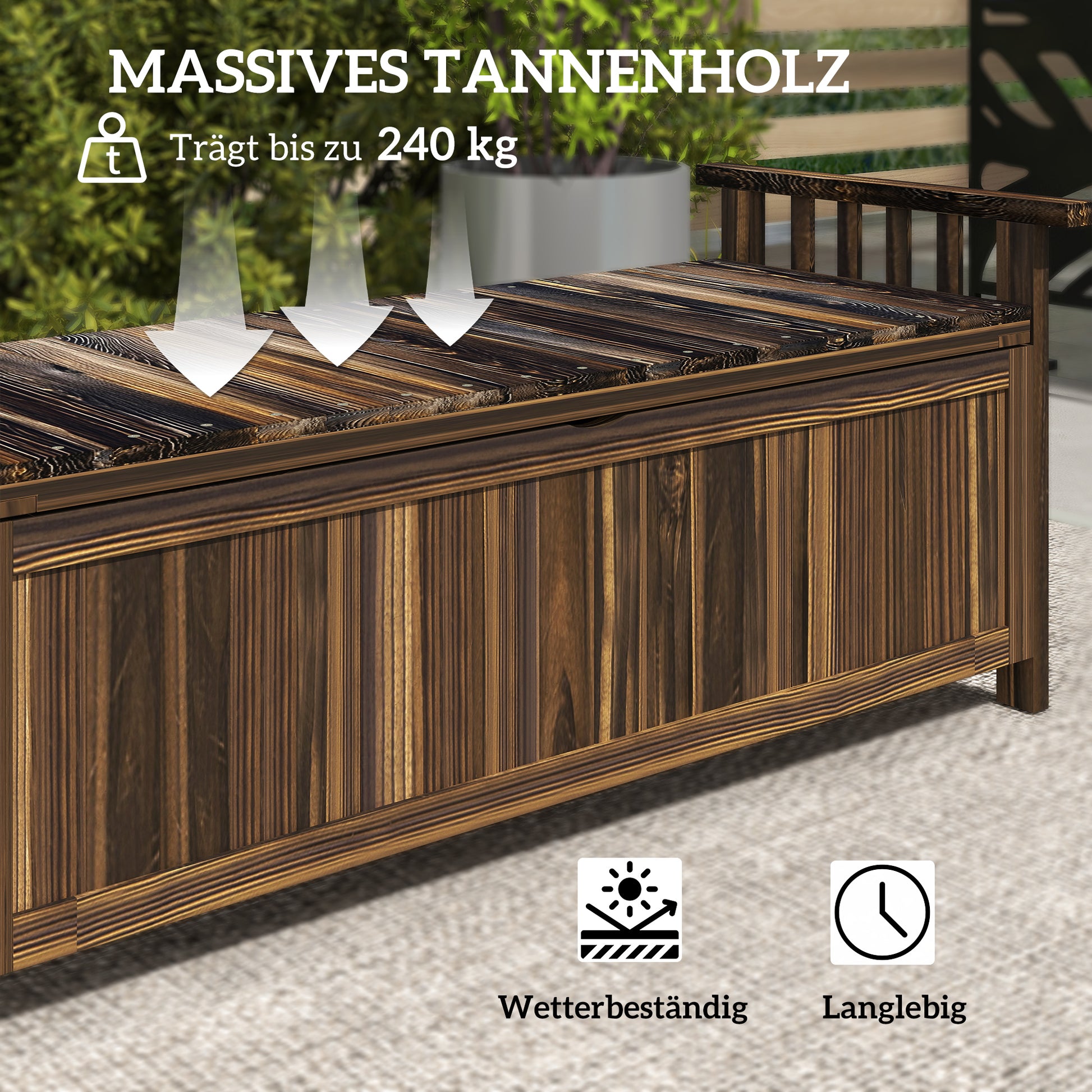 Garden Bench with Storage Wooden Bench for 2 Persons, Trunk Bench with Armrest, Park Bench, Balcony Bench, Wooden Bench for Balcony Terrace, Garden, 240kg Load Capacity Charcoal