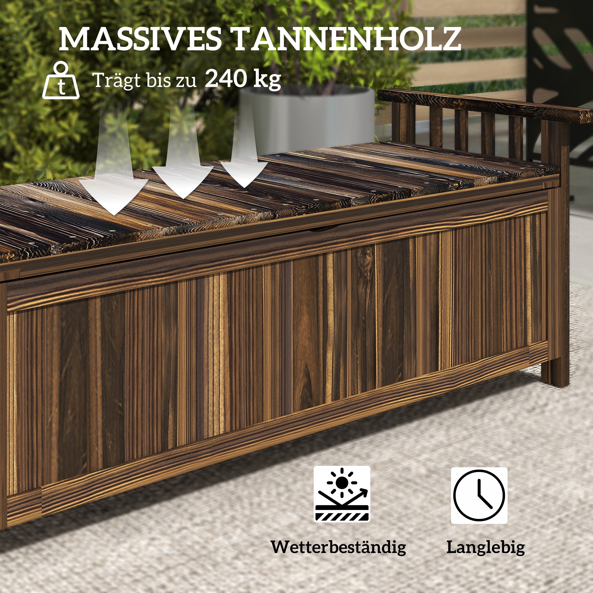 Garden Bench with Storage Wooden Bench for 2 Persons, Trunk Bench with Armrest, Park Bench, Balcony Bench, Wooden Bench for Balcony Terrace, Garden, 240kg Load Capacity Charcoal