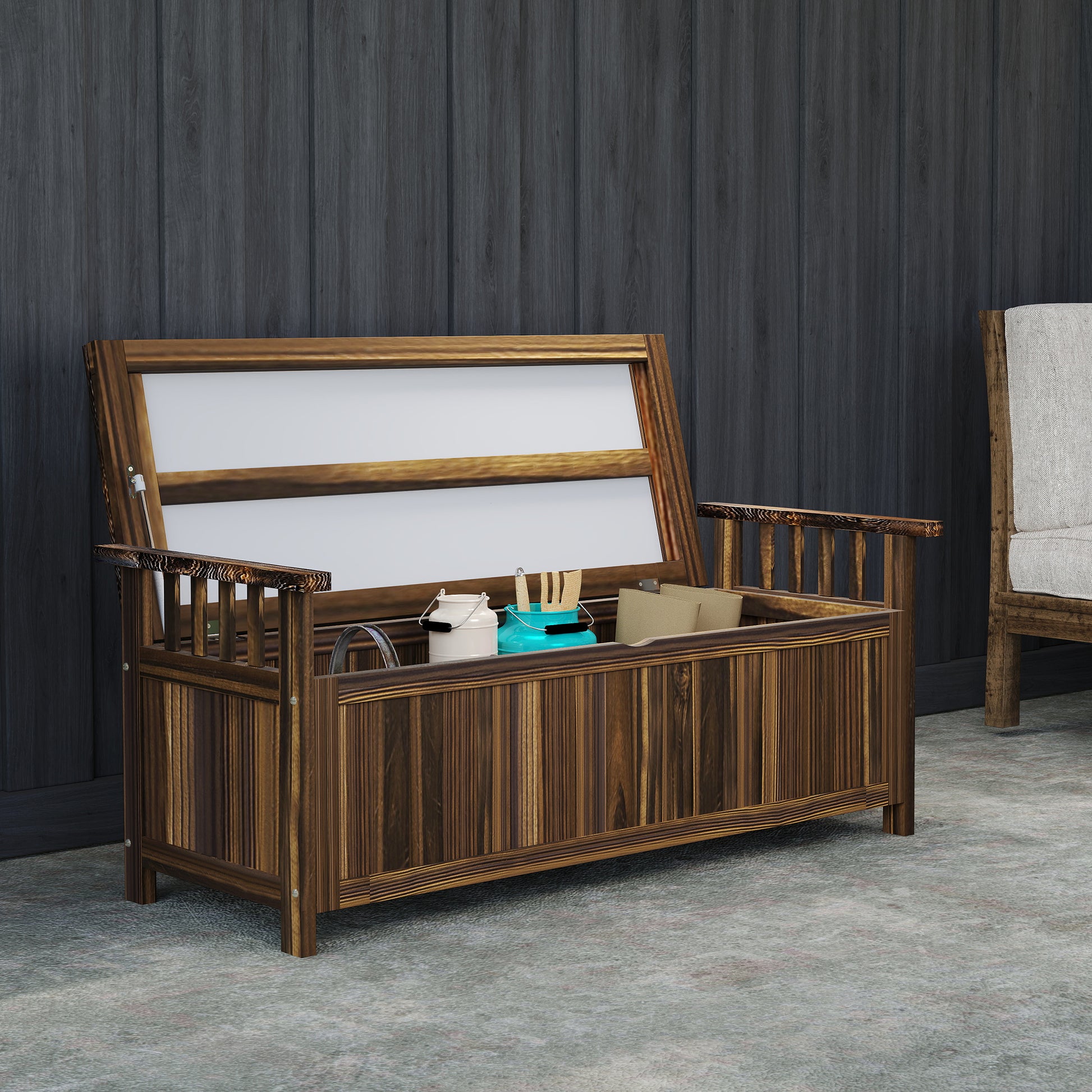 Garden Bench with Storage Wooden Bench for 2 Persons, Trunk Bench with Armrest, Park Bench, Balcony Bench, Wooden Bench for Balcony Terrace, Garden, 240kg Load Capacity Charcoal