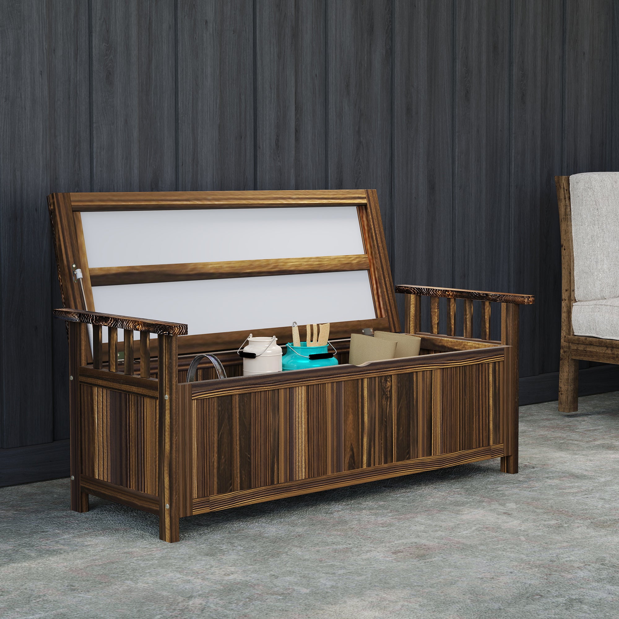 Garden Bench with Storage Wooden Bench for 2 Persons, Trunk Bench with Armrest, Park Bench, Balcony Bench, Wooden Bench for Balcony Terrace, Garden, 240kg Load Capacity Charcoal