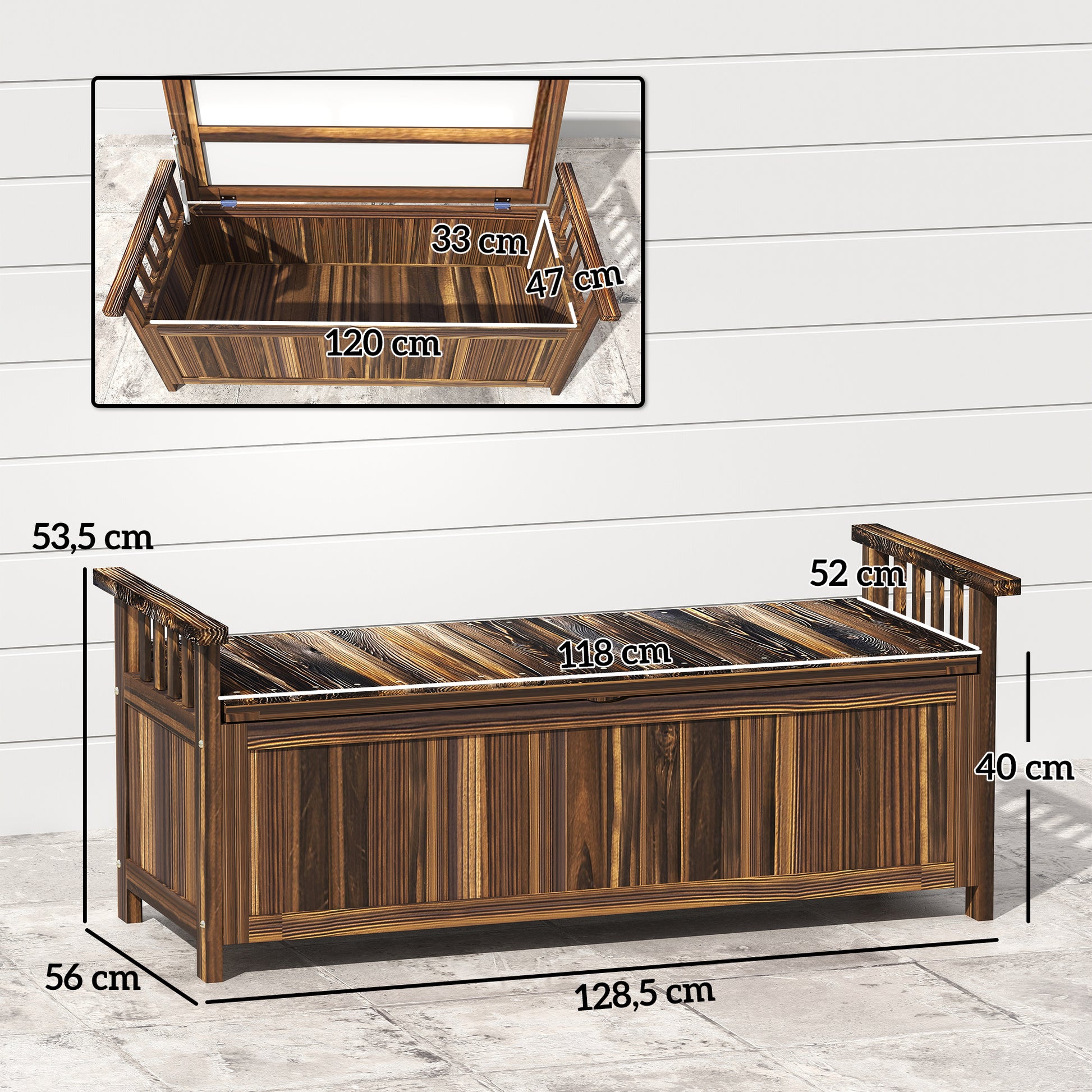 Garden Bench with Storage Wooden Bench for 2 Persons, Trunk Bench with Armrest, Park Bench, Balcony Bench, Wooden Bench for Balcony Terrace, Garden, 240kg Load Capacity Charcoal