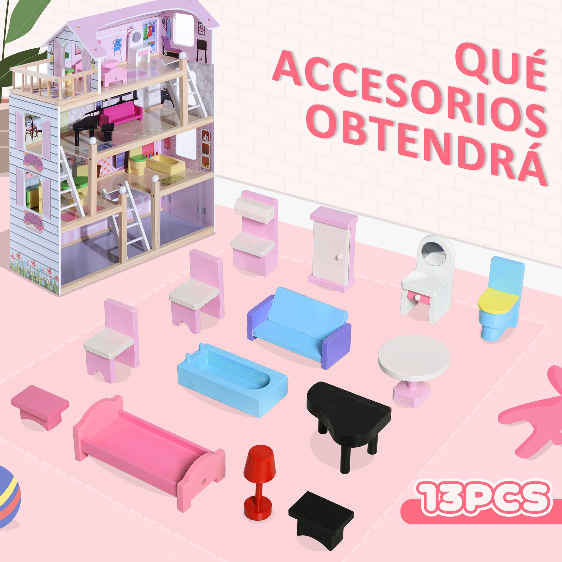 Wooden Dollhouse with 4 Levels Furniture Height 80.5 cm with 13 Accessories Dollhouse for Girls Kids Toy 60.5x30x80.5 cm Pink