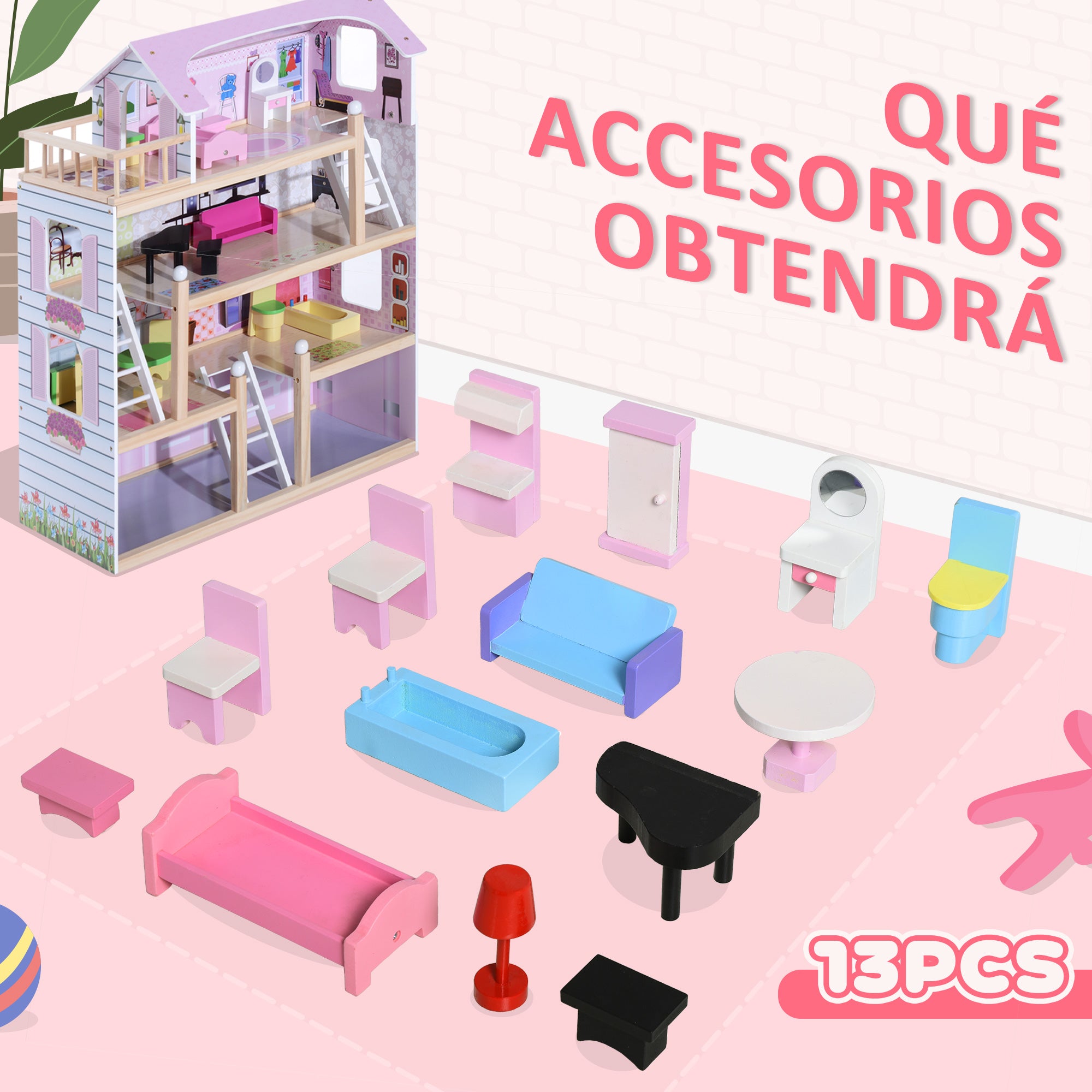Wooden Dollhouse with 4 Levels Furniture Height 80.5 cm with 13 Accessories Dollhouse for Girls Kids Toy 60.5x30x80.5 cm Pink