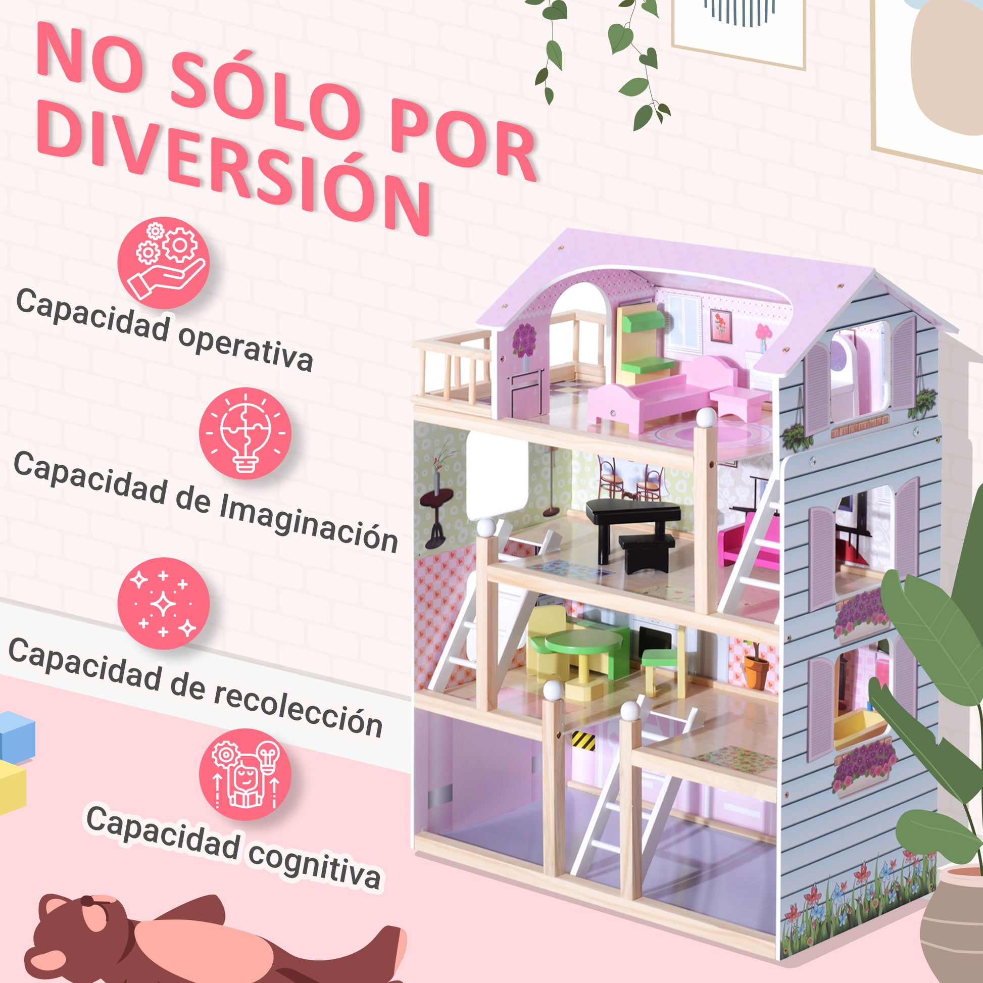 Wooden Dollhouse with 4 Levels Furniture Height 80.5 cm with 13 Accessories Dollhouse for Girls Kids Toy 60.5x30x80.5 cm Pink
