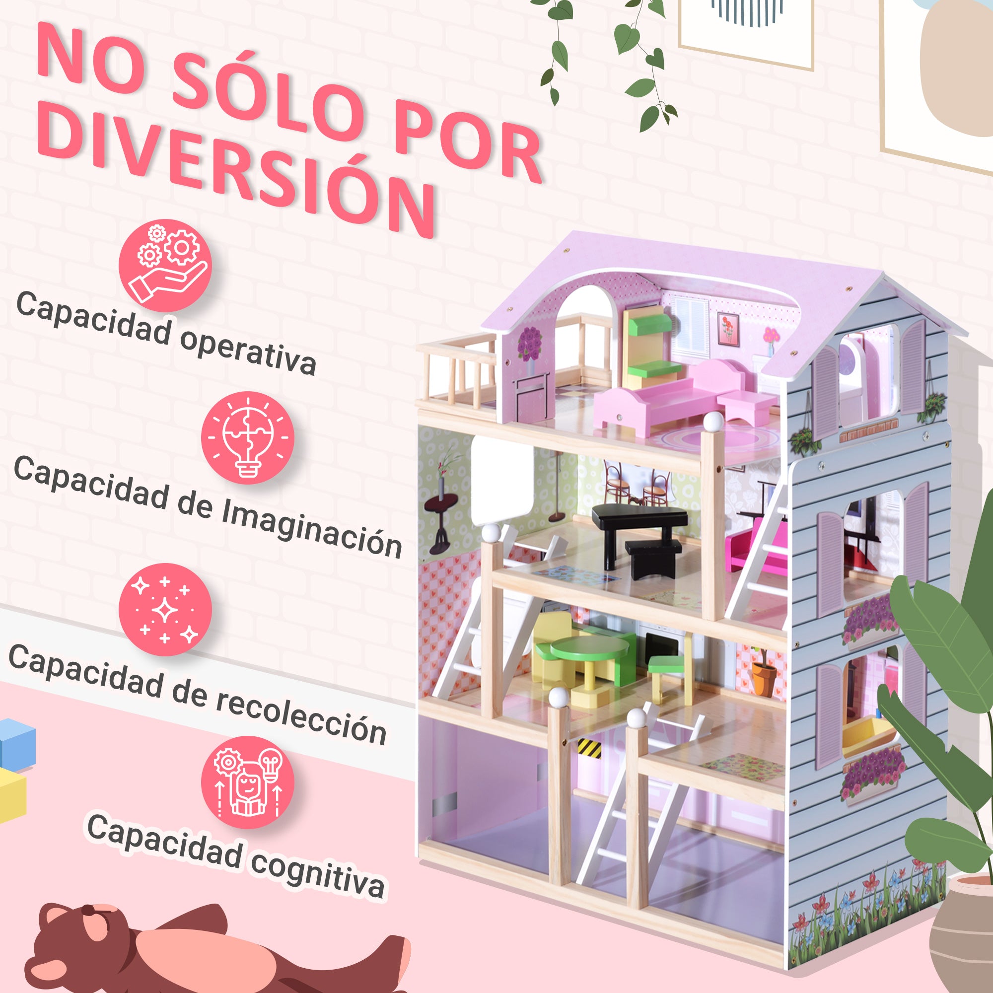 Wooden Dollhouse with 4 Levels Furniture Height 80.5 cm with 13 Accessories Dollhouse for Girls Kids Toy 60.5x30x80.5 cm Pink