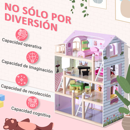 Wooden Dollhouse with 4 Levels Furniture Height 80.5 cm with 13 Accessories Dollhouse for Girls Kids Toy 60.5x30x80.5 cm Pink