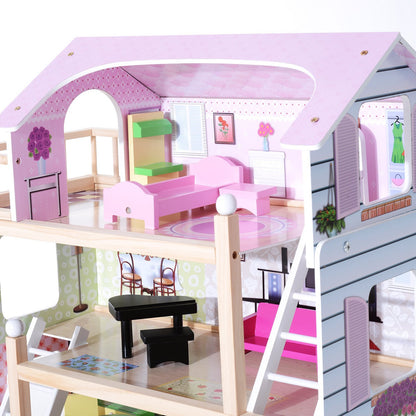 Wooden Dollhouse with 4 Levels Furniture Height 80.5 cm with 13 Accessories Dollhouse for Girls Kids Toy 60.5x30x80.5 cm Pink