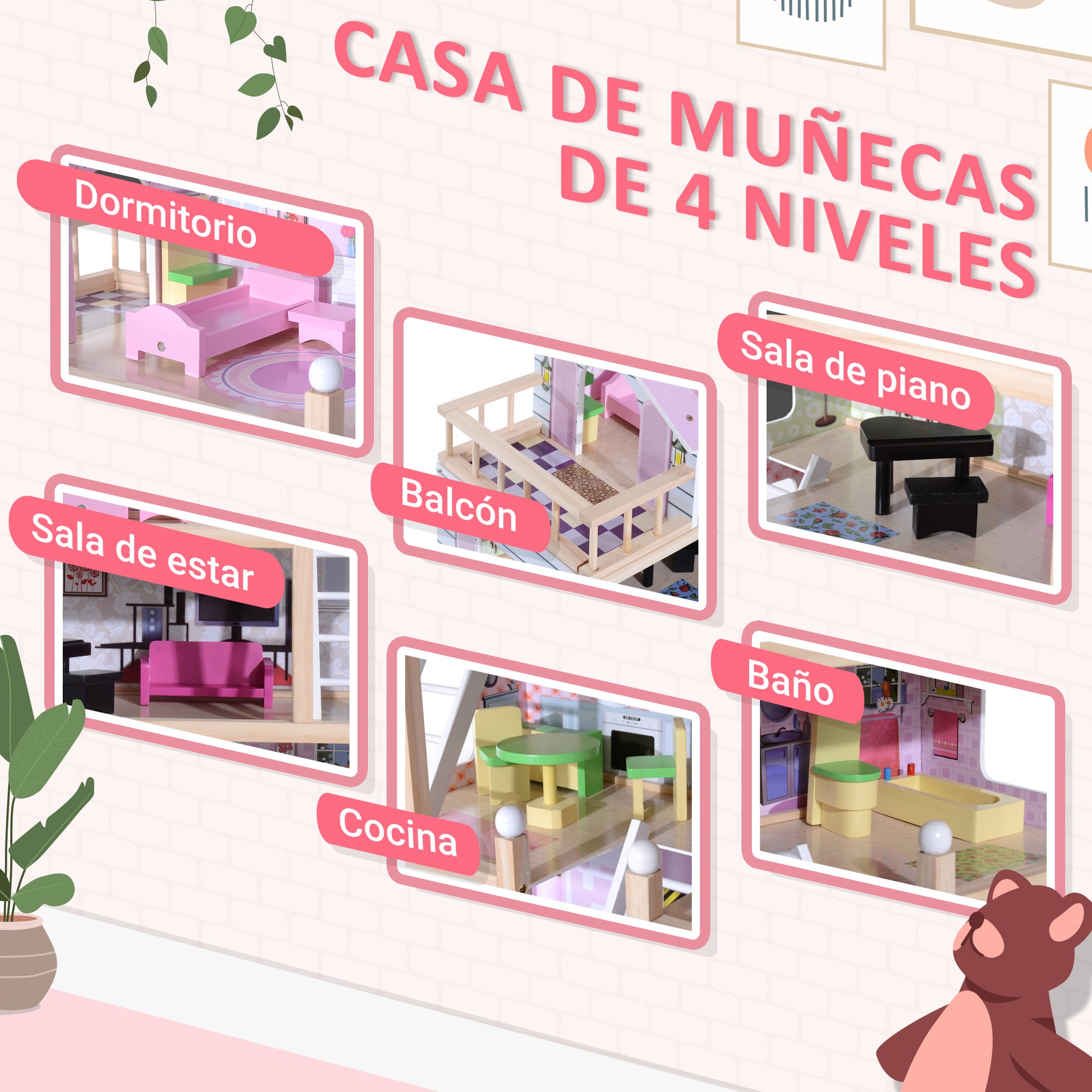 Wooden Dollhouse with 4 Levels Furniture Height 80.5 cm with 13 Accessories Dollhouse for Girls Kids Toy 60.5x30x80.5 cm Pink